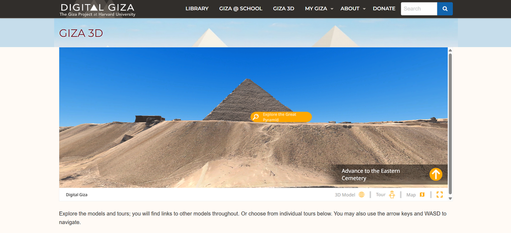 A section of Digital Giza that allows users to explore a 3D recreation of the Giza Plateau